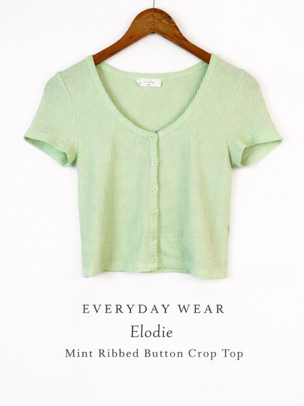 Elodie Mint Green Ribbed Button Front Crop Top Short Sleeve Waffle Knit M